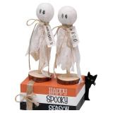 Halloween Decorations Indoor, 1 Set of Happy Spooky Season Wood Faux Books Stack,2 Primitive Halloween Ghosts on Wood Stand & 1 Black Cat Centerpiece for Tiered Tray Table Shelf Decor