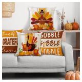 MEHOFOND Thanksgiving Pillow Covers 18x18 Set of 4, Fall Throw Pillow Covers Turkey Pumpkin Orange Farmhouse Home Decor Pillowcase Give Thanks Cushion Case for Sofa Couch