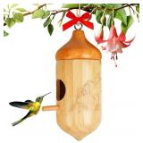 Hummingbird House, Wooden Hummingbird Houses for Outside - Handcrafted Natural Wood Birdhouse with Complete Hanging Kit (Bow & String) - Premium Gardening Gifts Decoration (Style-3, 1 Pack)
