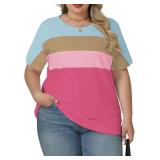 DOLNINE Womens Plus Size Summer Tops Fashion Color Block Shirts Casual Crewneck Short Sleeve Oversized Ribbed Knit Tshirts 3XL
