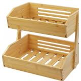 Fruit Basket Stand, 2 Tier Fruit Basket for Kitchen Counter, Produce Basket for Fruit and Vegetable Storage, Bamboo Basket Fruit Bowl Display Rack, Fruit Holder Snack Organizer