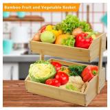 Fruit Basket Stand, 2 Tier Fruit Basket for Kitchen Counter, Produce Basket for Fruit and Vegetable Storage, Bamboo Basket Fruit Bowl Display Rack, Fruit Holder Snack Organizer