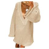 Saodimallsu Women Crochet Cover Up Long Sleeve Deep V Neck Hollow Out Sweater Oversized Beach Mini Dress Bathing Suit Coverup