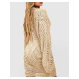 Saodimallsu Women Crochet Cover Up Long Sleeve Deep V Neck Hollow Out Sweater Oversized Beach Mini Dress Bathing Suit Coverup