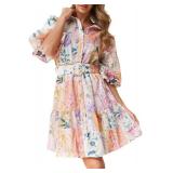 futurino Women Single Breasted A-line Dress, Floral Printed Boho Style Lantern Short Sleeve with Belt Summer Dress. Medium