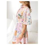 futurino Women Single Breasted A-line Dress, Floral Printed Boho Style Lantern Short Sleeve with Belt Summer Dress. Medium