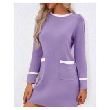 Wenrine Womens Work Dress Business Casual Contrast Color Elegant Long Sleeve Knit Loose Mini Dress. XL