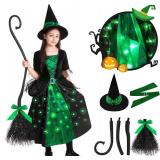 Poshetion Witch Halloween Costume for Girls - Light Up Toddler Witch Dress with Broom & Hat, Glow in the Dark for Wicked Parties (Green, Medium)