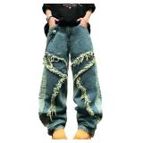 Mens Baggy Jeans Street Rock Style Fringe Frayed Edges Jeans Patchwork Wide Leg Skater Denim Pant. XS