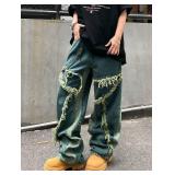Mens Baggy Jeans Street Rock Style Fringe Frayed Edges Jeans Patchwork Wide Leg Skater Denim Pant. XS