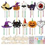 JellyArch 30 Pack Halloween Wind Chime Making Kit for Kids Make Your Own Wind Chime Ghost Spider Wooden Crafts Ornaments for Girls Boys DIY Activity Birthday Decoration