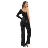 Narcia Black Sequin One-Shoulder Jumpsuit- Glamourous Belted Outfit for Party, Galas and Special Occasions. Size XL