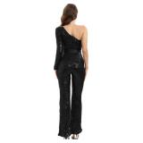 Narcia Black Sequin One-Shoulder Jumpsuit- Glamourous Belted Outfit for Party, Galas and Special Occasions. Size XL