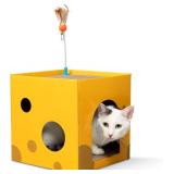 BlueDots 2-Level Cardboard Cat House for Indoor Cats and Kittens with 2 Scratcher Pads, Hideout & Feather Toy - Durable Cat Condo and Furniture Protector, Large