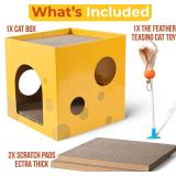 BlueDots 2-Level Cardboard Cat House for Indoor Cats and Kittens with 2 Scratcher Pads, Hideout & Feather Toy - Durable Cat Condo and Furniture Protector, Large