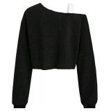 Remidoo Womens Off The Shoulder Cropped Sweatshirt Asymmetric Collar Patchwork Long Sleeve Pullover Top Black Large