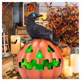 HUYIENO Solar Halloween Pumpkin Decoration with Crow Solar Powered Garden Lights Color Changing LED Halloween Yard Lawn Party Outdoor Decorations
