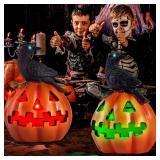 HUYIENO Solar Halloween Pumpkin Decoration with Crow Solar Powered Garden Lights Color Changing LED Halloween Yard Lawn Party Outdoor Decorations