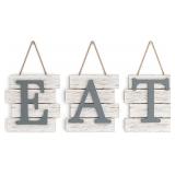 Barnyard Designs Eat Sign - Rustic Wall Decor for Kitchen and Home, Primitive Country Farmhouse Decorations, Distressed Hanging Sign, 24" x 8" (White/Grey)