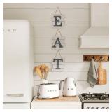 Barnyard Designs Eat Sign - Rustic Wall Decor for Kitchen and Home, Primitive Country Farmhouse Decorations, Distressed Hanging Sign, 24" x 8" (White/Grey)