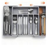 Large Expandable Silverware Organizer for Drawer, Utensil Drawer Organizer Holder with 2 Removable Blocks, Adjustable Cutlery Tray Flatware Storage Box for Spoons Forks Knives Tools, 6-8 Slots, Gray