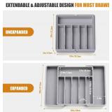 Large Expandable Silverware Organizer for Drawer, Utensil Drawer Organizer Holder with 2 Removable Blocks, Adjustable Cutlery Tray Flatware Storage Box for Spoons Forks Knives Tools, 6-8 Slots, Gray