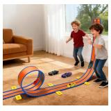 15 Ft Orange Flexible Race Car Track for Kids,Flex Track Starter Set Compatible with Hot Wheels and Diecast 1/64th Cars,Portable Racetrack Roll Up Race Track with Suction Cup
