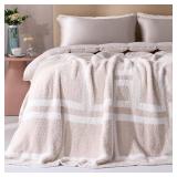 Panku Ultra Soft Cozy Knit Throw Blanket for Couch and Bed, Knitted Luxury Reversible Cozy Warm Fleece Blanket Throw, Plush Fluffy and Fuzzy Geometric Blankets for Gift (50x60 Inches, Beige/Khaki)