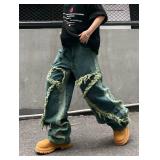 Mens Baggy Jeans Street Rock Style Fringe Frayed Edges Jeans Patchwork Wide Leg Skater Denim Pant