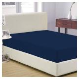 Luxury 1 Piece Fitted Sheet 100% Egyptian Cotton 1000 Thread Count - Twin Size - 18" Inch Deep Pocket, Pure Natural Cotton Sheet, Soft & Silky Sateen Weave - Navy Blue Solid