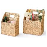 Set of 2 Hanging Storage Basket, Wicker Water Hyacinth Wall Hanging Basket with Handle for Mails, Files, Books, Plants or Accessories, Wall-Mounted Organizer for Bedroom, Kitchen, Office