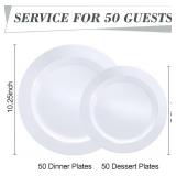 100PCS White Plastic Plates, White Disposable Plates for 50 Guests, 50 Dinner Plates 10.25 inch and 50 Dessert/Salad Plates 7.5 inch for Party, Graduation, Wedding