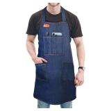 Makerfire Denim Apron with 4 Pockets, Chef Cooking BBQ Apron for Men/Women, Canvas Lightweight Baking/Shop/Bartender/Grilling Apron for Woodworking, Chef, Hairstylist, Kitchen (Blue)