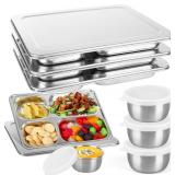 3 Pack Stainless Steel Snack Containers with Lids,4 Compartments Stainless Steel Bento Box with Sauce Container Metal Lunch Box for Adults Divided Food Storage Container for Home Travel