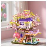 Cherry Blossom Treehouse Building Block Set, Japanese Sakura Flower House Model Kit, Micro Building Blocks Construction Toy