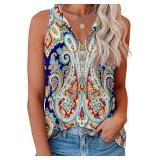 Soesdemo Tank Top for Women Boho Blue Printed Keyhole V Neck Sleeveless Summer Casual Loose Fit Cute Basic Shirt Blouse for Business/Party/gonging Out