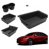 Double Layer Center Console Organizer 5PCS for Tesla Model Y 2021-2024 Model 3 2017-2023, TPE Under Seat Storage Box, Cup Holder, Camera Cover Compatible with Tesla Model 3/Y Accessories, Black