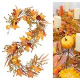 Fall Garland, 6.56FT Fall Artificial Berries Pumpkin Maple Leaf Garland Decor, for Home Autumn Harvest Thanksgiving Fireplace Door Frame Porch Indoor/Outdoor Holiday Party Decorations.