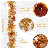Fall Garland, 6.56FT Fall Artificial Berries Pumpkin Maple Leaf Garland Decor, for Home Autumn Harvest Thanksgiving Fireplace Door Frame Porch Indoor/Outdoor Holiday Party Decorations.