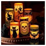 6 Pcs Halloween LED Flameless Candles with Remote Timer Battery Operated Real Wax Spooky Ghost Skull Black Cat Bat Pumpkin Witch Flickering Pillar Candle Light for Home Window Gothic Party Decor Gift