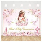 7x5ft First Holy Communion Backdrop for Girl Mi Primera Comunion Baptism Christening Photography Background God Bless First Holy Communion Mi Bautizo Pink Floral Party Decorations Banner