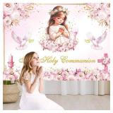 7x5ft First Holy Communion Backdrop for Girl Mi Primera Comunion Baptism Christening Photography Background God Bless First Holy Communion Mi Bautizo Pink Floral Party Decorations Banner