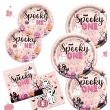 182Pcs Spooky One Birthday Decorations Girl Halloween 1st Birthday Party Decorations with Pink Plates and Napkins for Halloween Decorations Girl