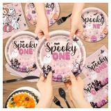 182Pcs Spooky One Birthday Decorations Girl Halloween 1st Birthday Party Decorations with Pink Plates and Napkins for Halloween Decorations Girl