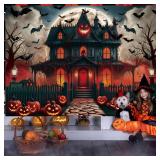 Halloween Photography Backdrop 7x5FT Scary Night Full Moon Pumpkin Monster House Background Kids Halloween Party Decorations Supplies Photo Booth Props