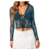 Women Sexy Long Sleeve Lace Tops Mesh Sheer Tie Front Party Club Shrugs Cardigan Cover Ups 2025 Fashion Outfits M