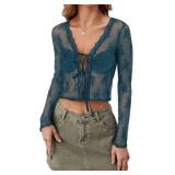 Women Sexy Long Sleeve Lace Tops Mesh Sheer Tie Front Party Club Shrugs Cardigan Cover Ups 2025 Fashion Outfits M