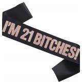21st Birthday Party Decoration Sash for Her, 21st Birthday Party Decorations for Women, Black Sash with Rose Letters I