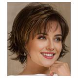 RENERSHOW Brown with Blonde Highlights Wavy Short Pixie Wigs for White Women Natural Looking Synthetic Wig with Bangs Layered Short Haircuts for Daily Party