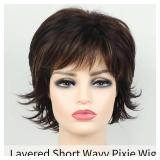 RENERSHOW Brown with Blonde Highlights Wavy Short Pixie Wigs for White Women Natural Looking Synthetic Wig with Bangs Layered Short Haircuts for Daily Party